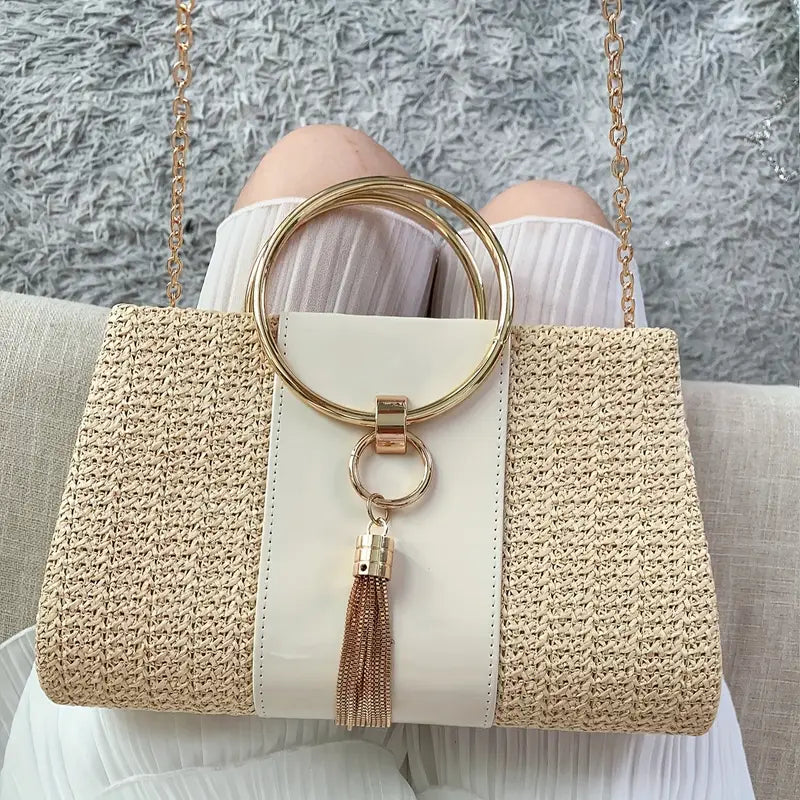 Tassel Decor Straw Evening Bag,