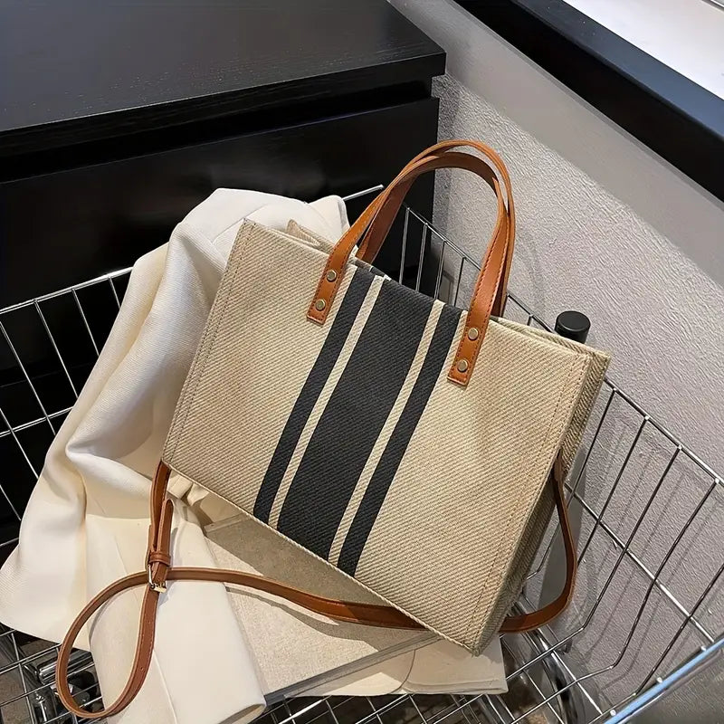 Striped Tote Bag, Large Capacity