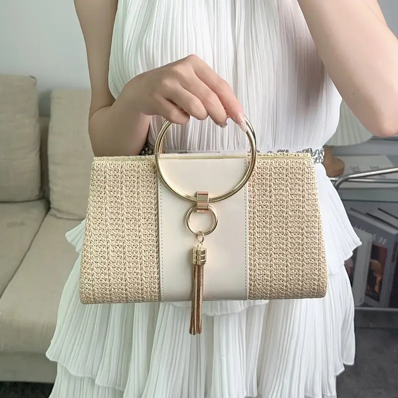 Tassel Decor Straw Evening Bag,