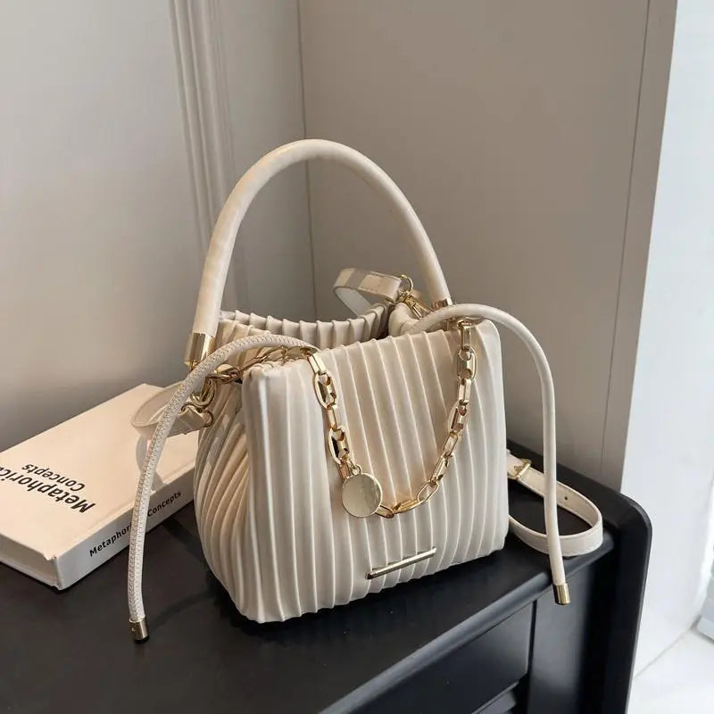 White PU Pleated Bucket Crossbody Bag