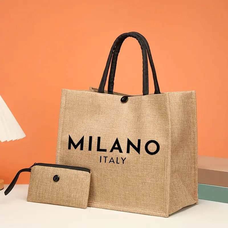 Milano Italy Burlap Tote Bag Set
