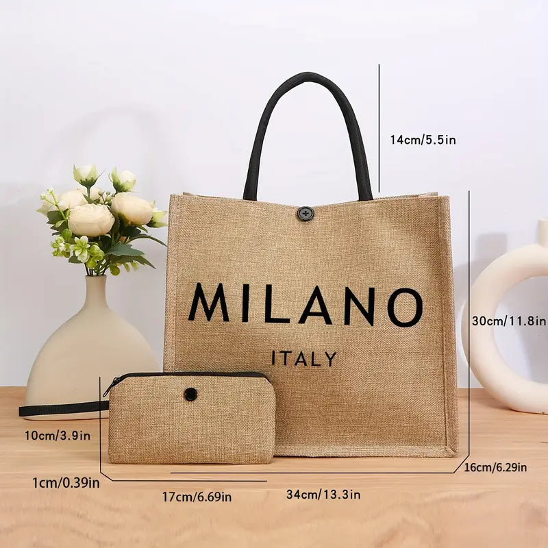 Milano Italy Burlap Tote Bag Set