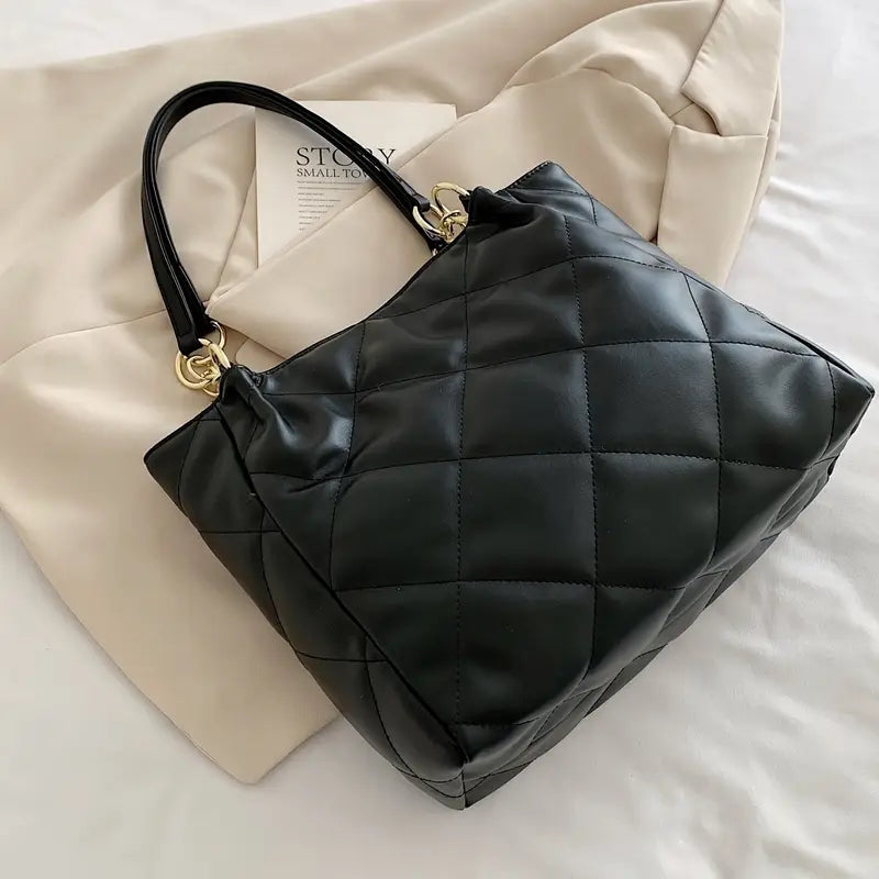 Quilted Pattern Letter Patch Shoulder Bag
