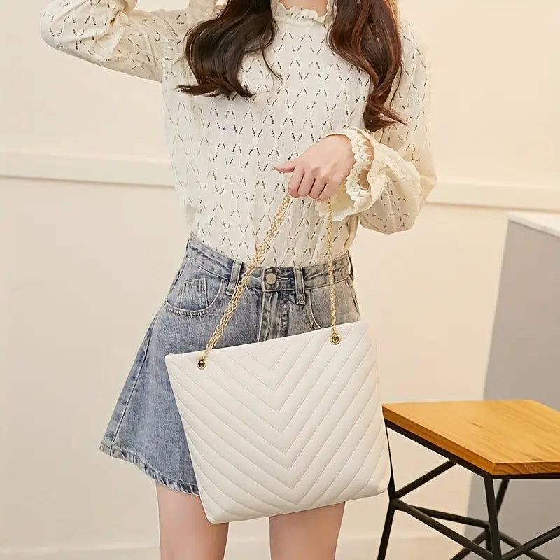 Stylish White Quilted V- Shoulder Bag