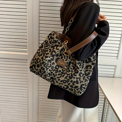 Stylish Leopard Tote with Brown Handle