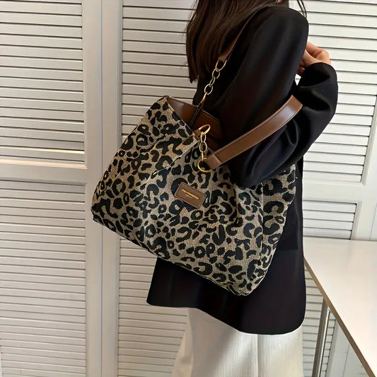 Stylish Leopard Tote with Brown Handle