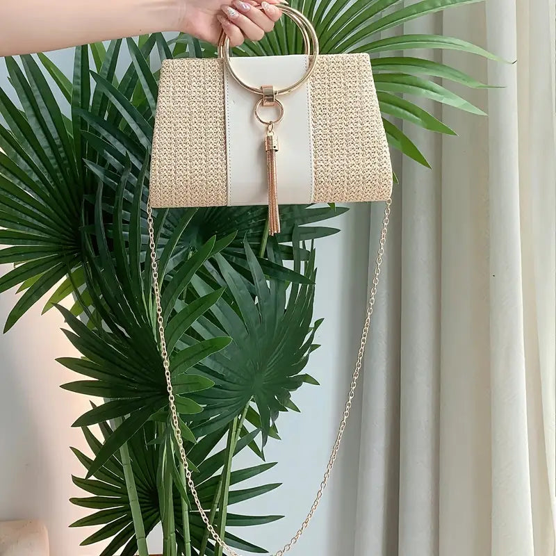 Tassel Decor Straw Evening Bag,