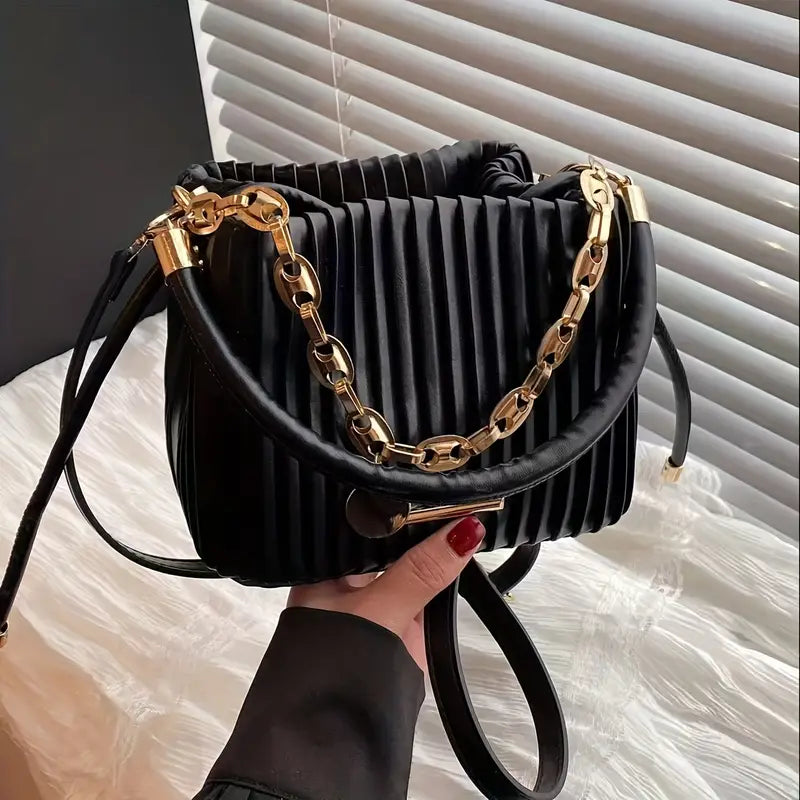 White PU Pleated Bucket Crossbody Bag
