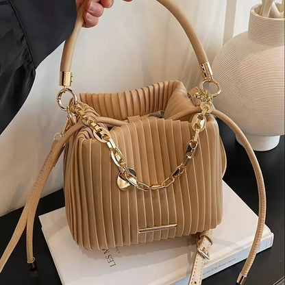 White PU Pleated Bucket Crossbody Bag