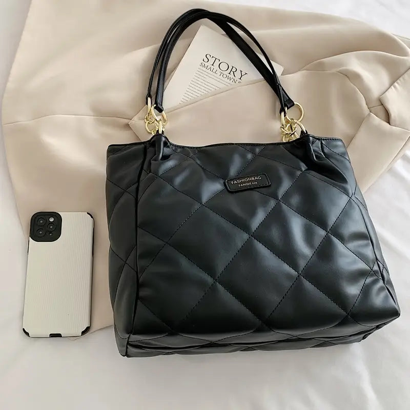 Quilted Pattern Letter Patch Shoulder Bag