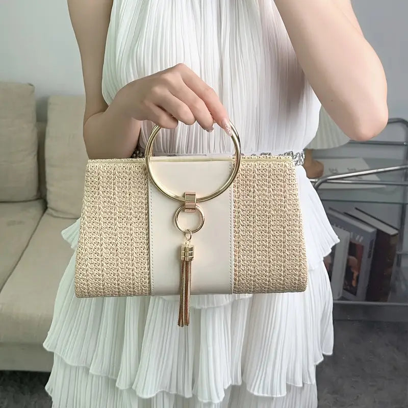 Tassel Decor Straw Evening Bag,